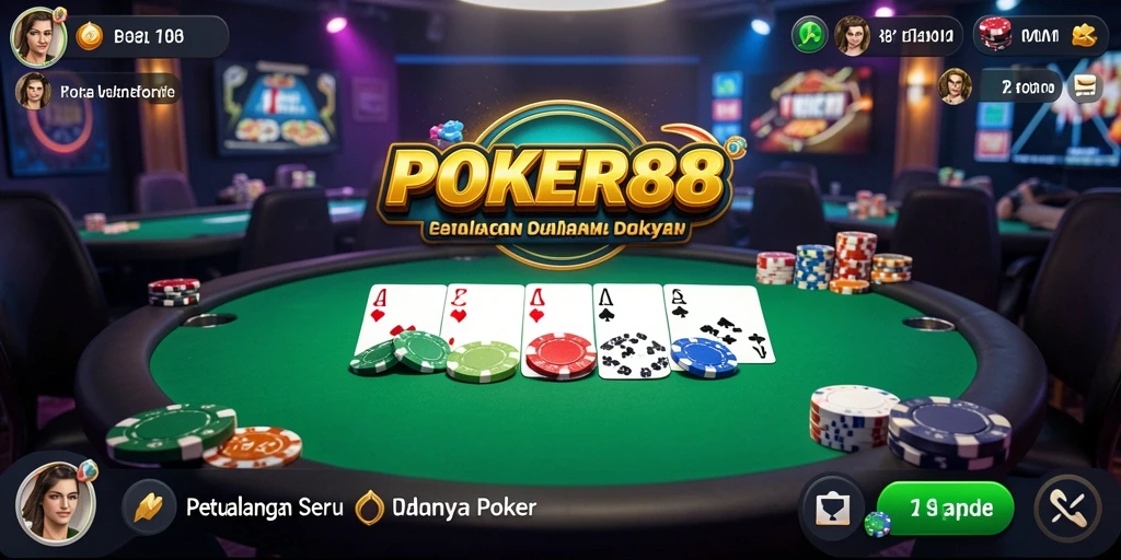 Screenshot gameplay POKER88 yang menunjukkan suasana petualangan poker yang intens.