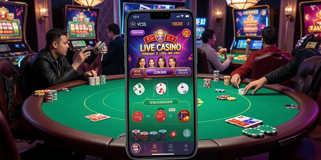 Screenshot VC55 menampilkan dealer yang ramah dalam permainan Live Casino.